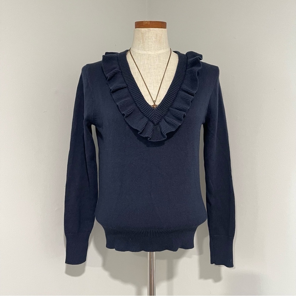 J. Crew Navy Blue Cotton/ Merino Wool Ruffle Vneck sweater NWT size Small